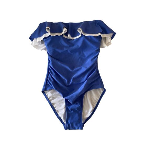 Tommy Hilfiger Women's‎ Ruffled Flounce Blue Strapless One-Piece Swimsuit Size 6 - Picture 1 of 3